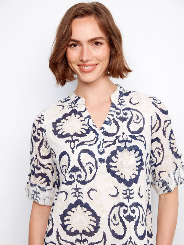 Printed Cotton Blend Henley Shirt Dress - Ornament