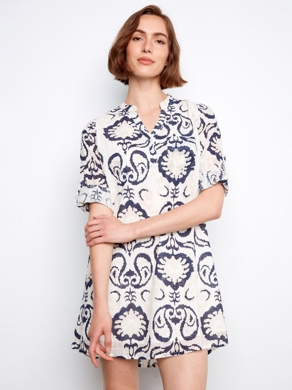 Printed Cotton Blend Henley Shirt Dress - Ornament
