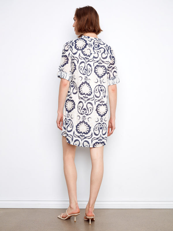 Printed Cotton Blend Henley Shirt Dress - Ornament
