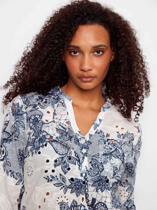 Printed Cotton Eyelet Half-Button Blouse - Lace
