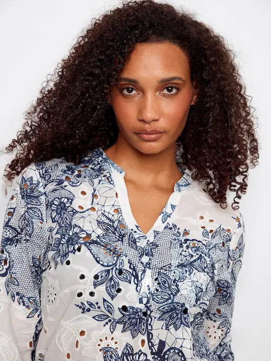 Printed Cotton Eyelet Half-Button Blouse - Lace