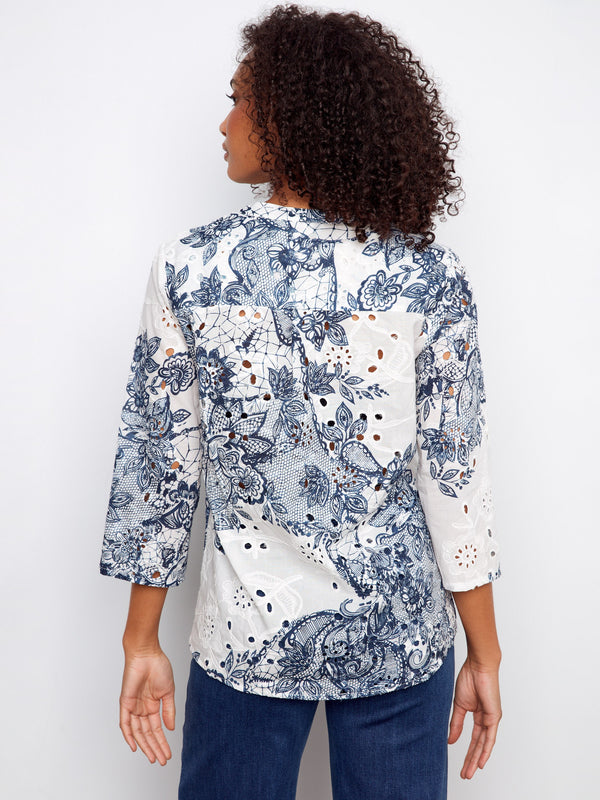 Printed Cotton Eyelet Half-Button Blouse - Lace