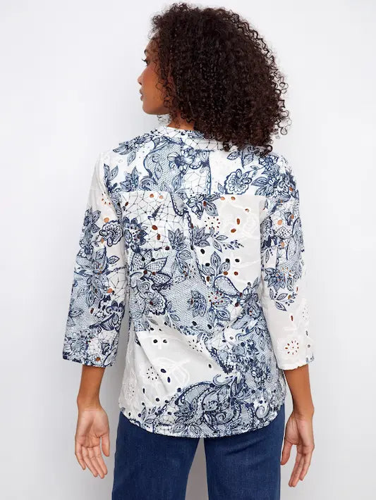 Printed Cotton Eyelet Half-Button Blouse - Lace