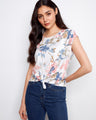 Floral top with a crew neckline and cap sleeves, featuring a charming front tie knot made from 100% cotton by Charlie B.
