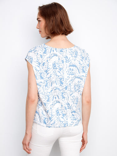 Elegant blue floral design on a 100% cotton fabric, highlighted by its crew neckline and comfortable fit by Charlie B.