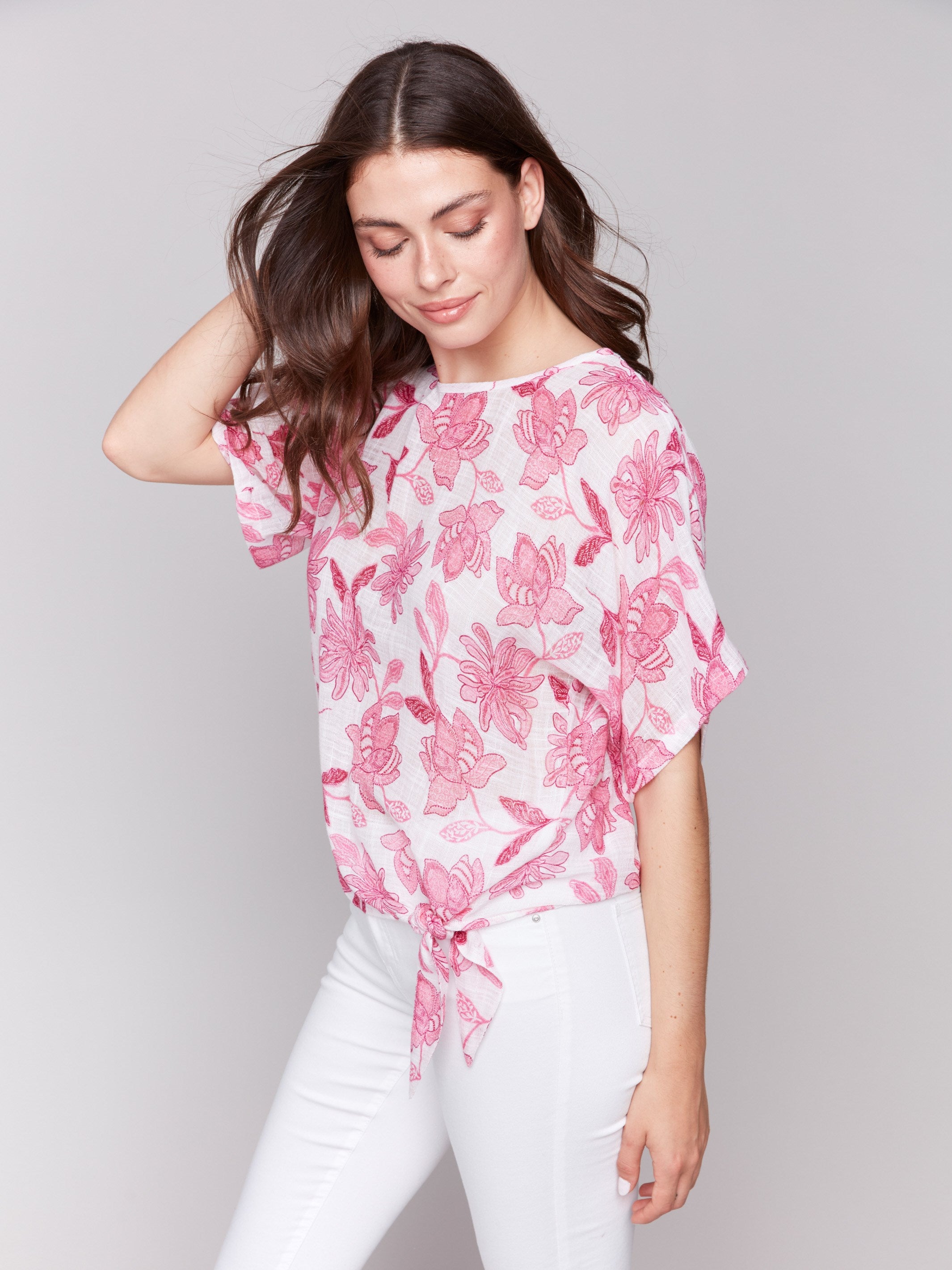 Chic blouse featuring short dolman sleeves by Charlie B.