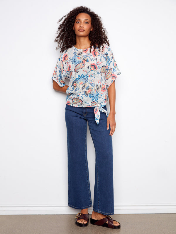 Printed Cotton Gauze Blouse With Side Tie - Rio