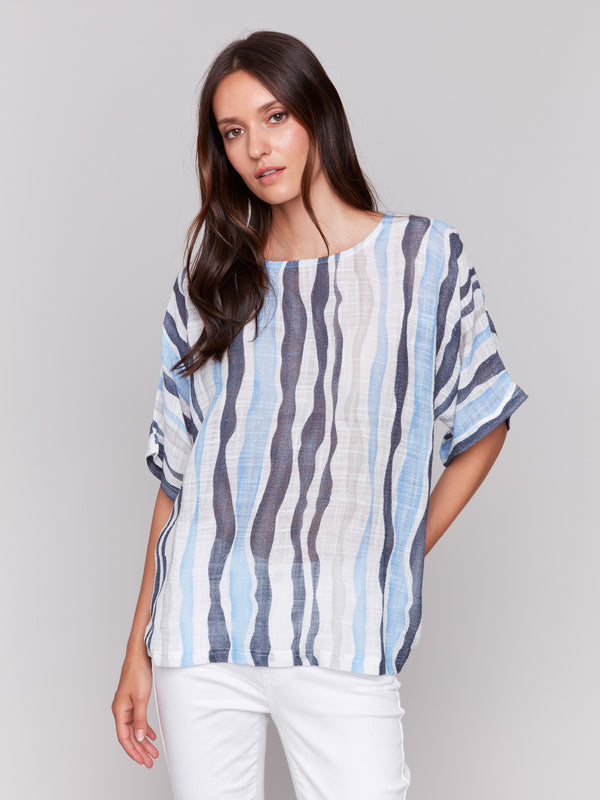 Surf and white blouse with a crew neck detail by Charlie B.