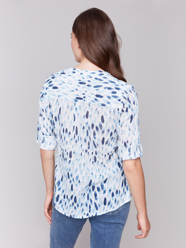 Floral print blouse with adjustable sleeves and Mao collar by Charlie B.