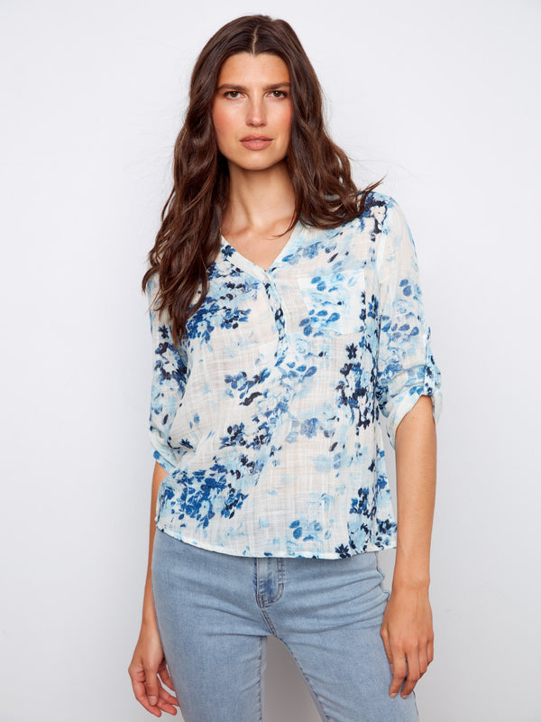 Printed Cotton Gauze Half-Button Blouse - Meadow