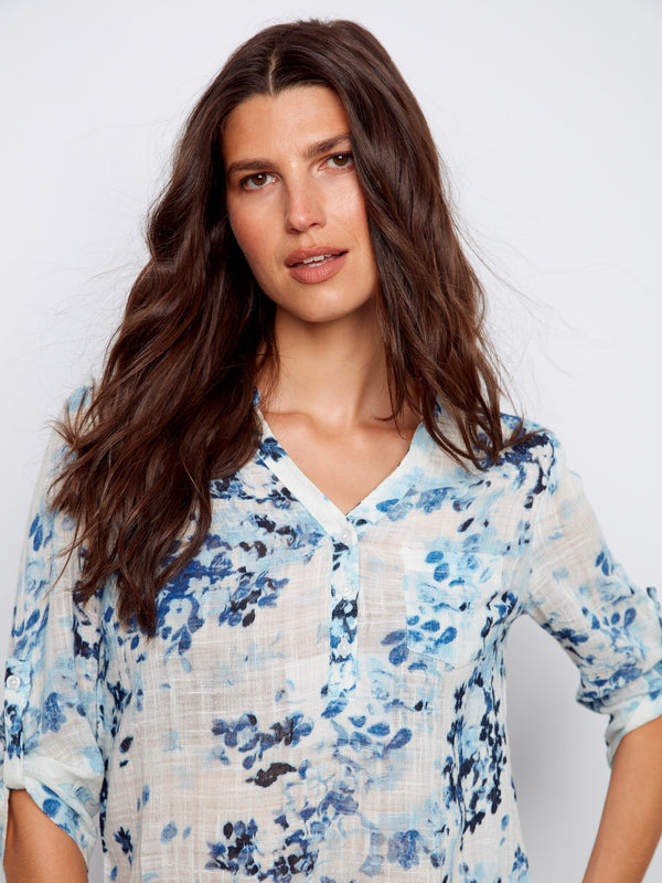Printed Cotton Gauze Half-Button Blouse - Meadow