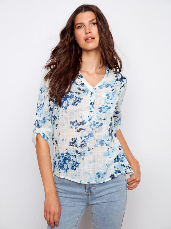Printed Cotton Gauze Half-Button Blouse - Meadow