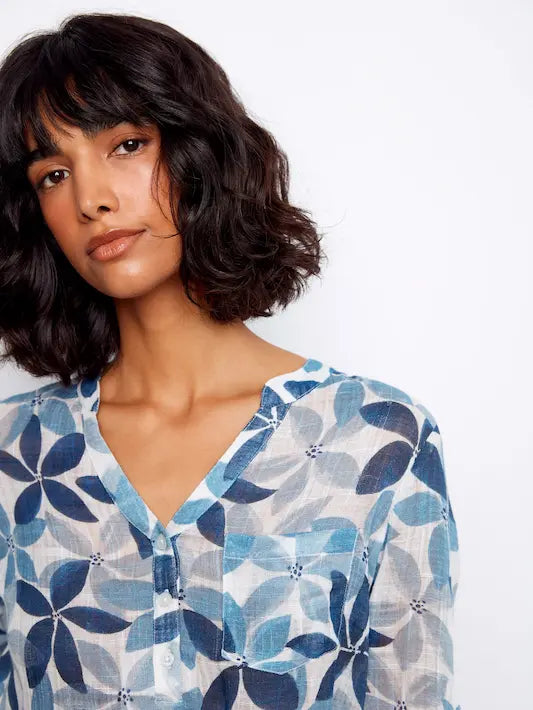 Printed Cotton Gauze Half-Button Blouse - Sapphire