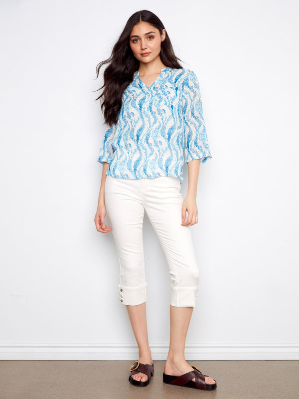 Printed Cotton Gauze Half-Button Blouse - Tidevine