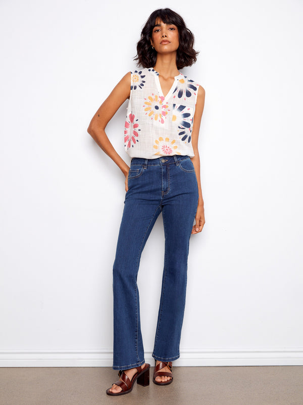 Printed Cotton Gauze Sleeveless Shirt - Daisies