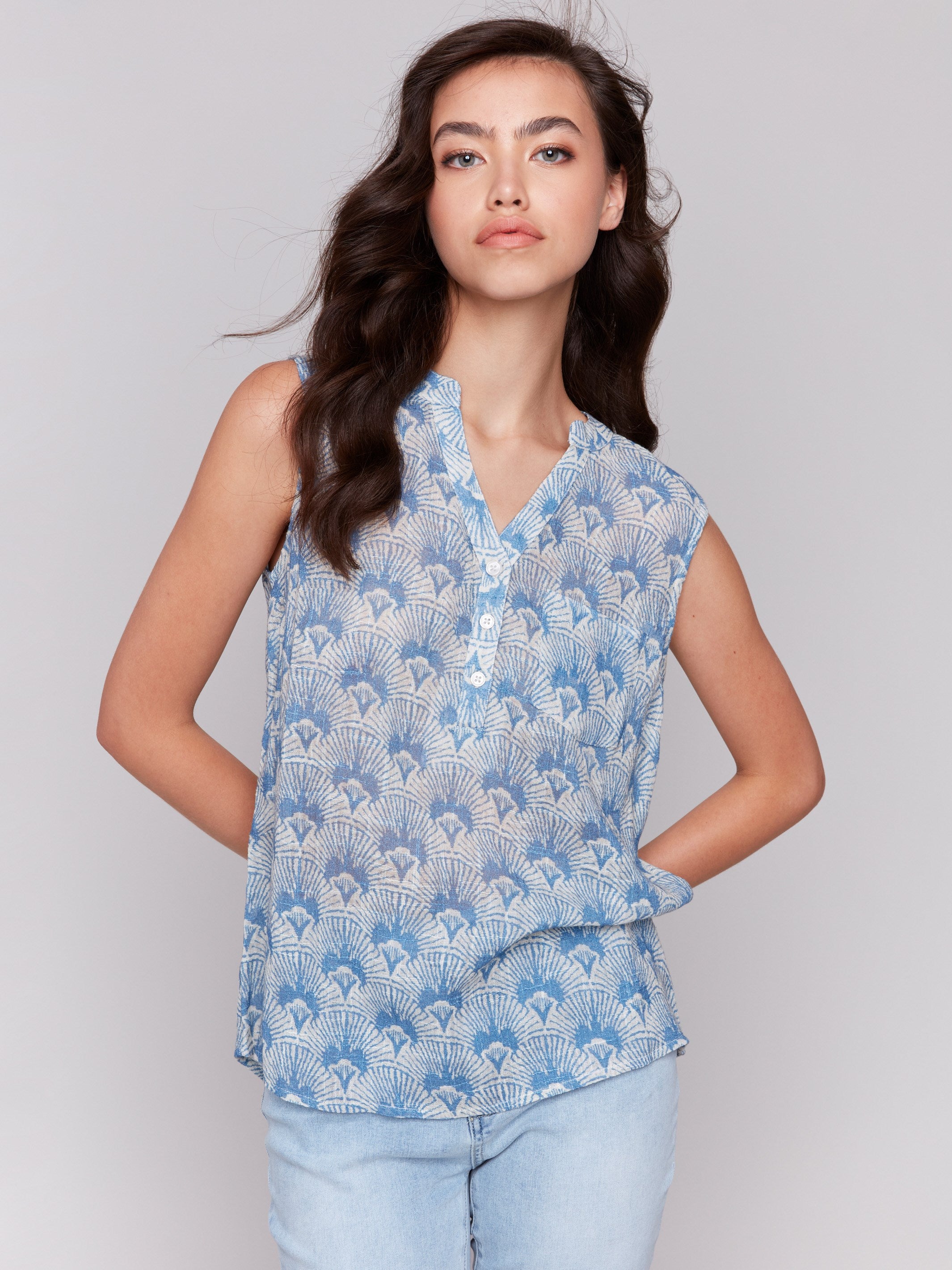 V-neck cotton gauze top with abstract pattern and chest pocket by Charlie B.