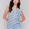 V-neck cotton gauze top with abstract pattern and chest pocket by Charlie B.