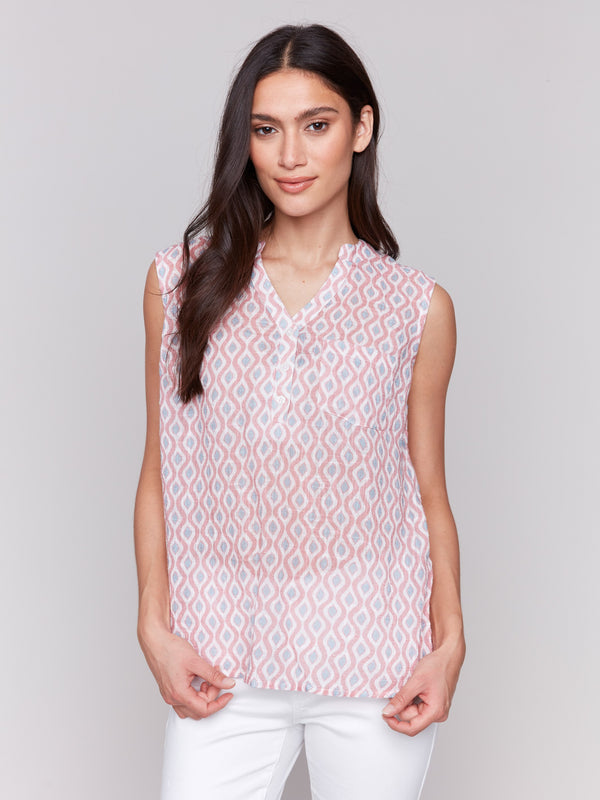 Cotton gauze top with a V-neck and geometric pattern by Charlie B.