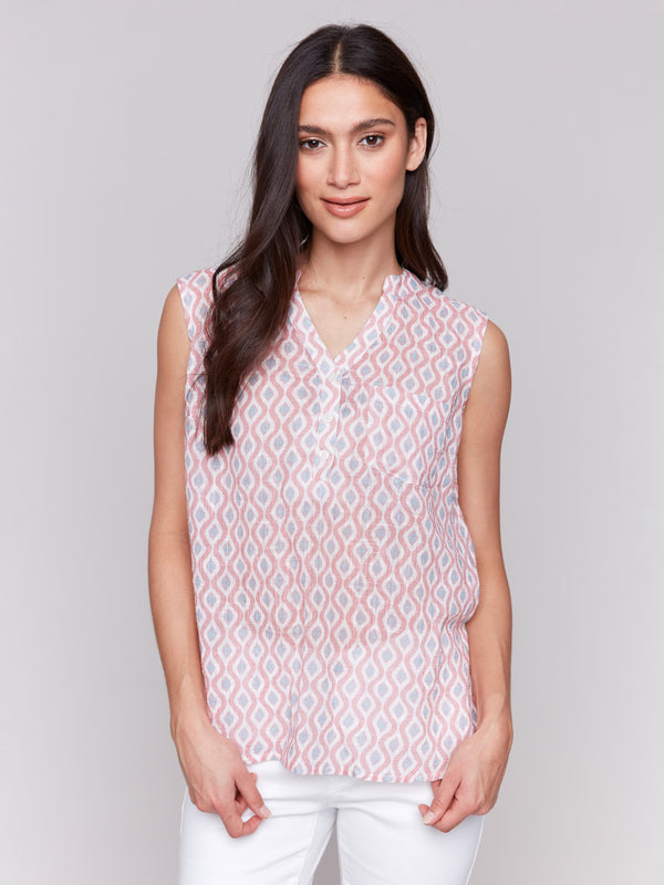 Geometric patterned gauze top with V-neck style by Charlie B.