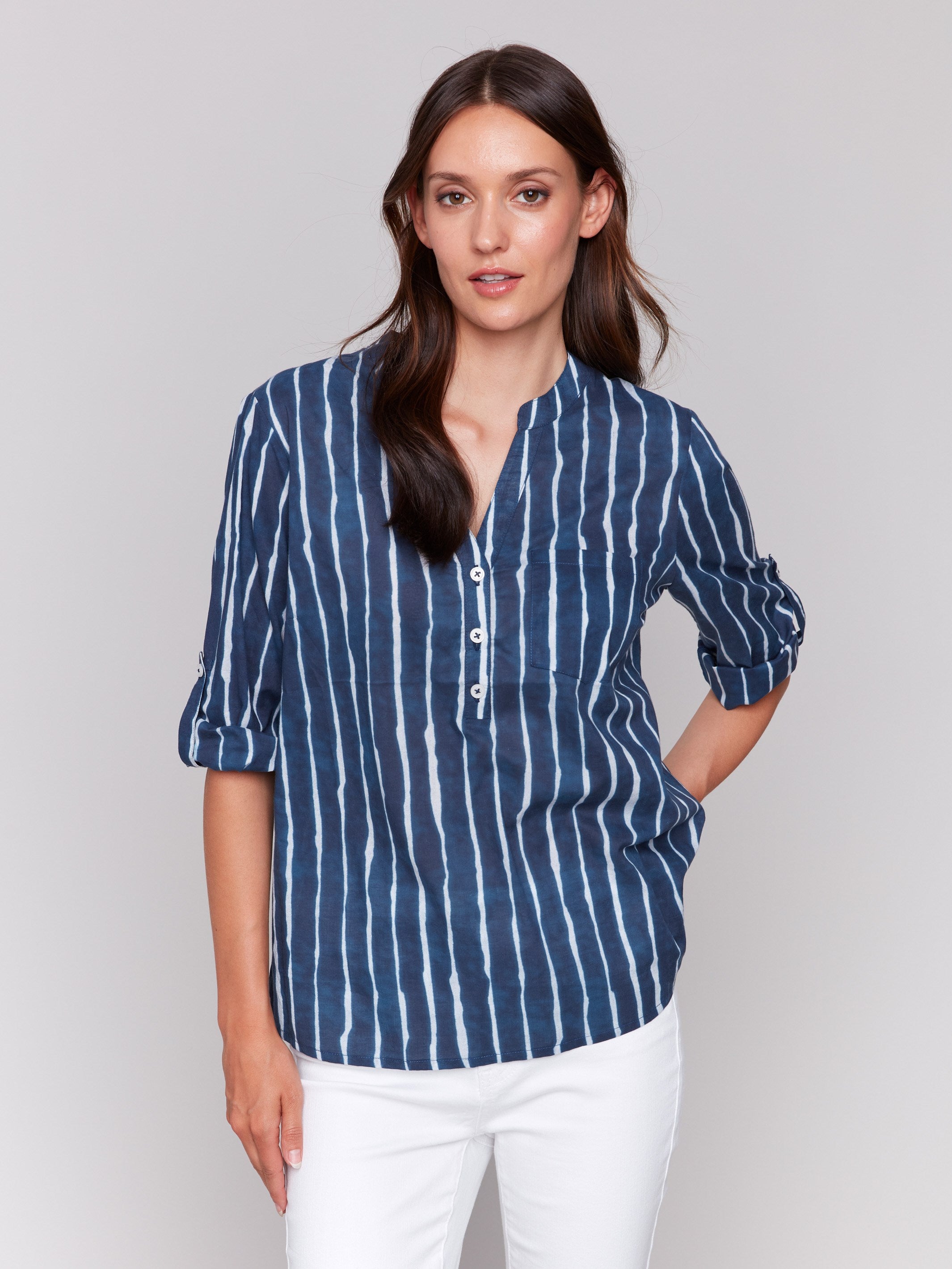 Blouse with mao collar and indigo stripes by Charlie B.