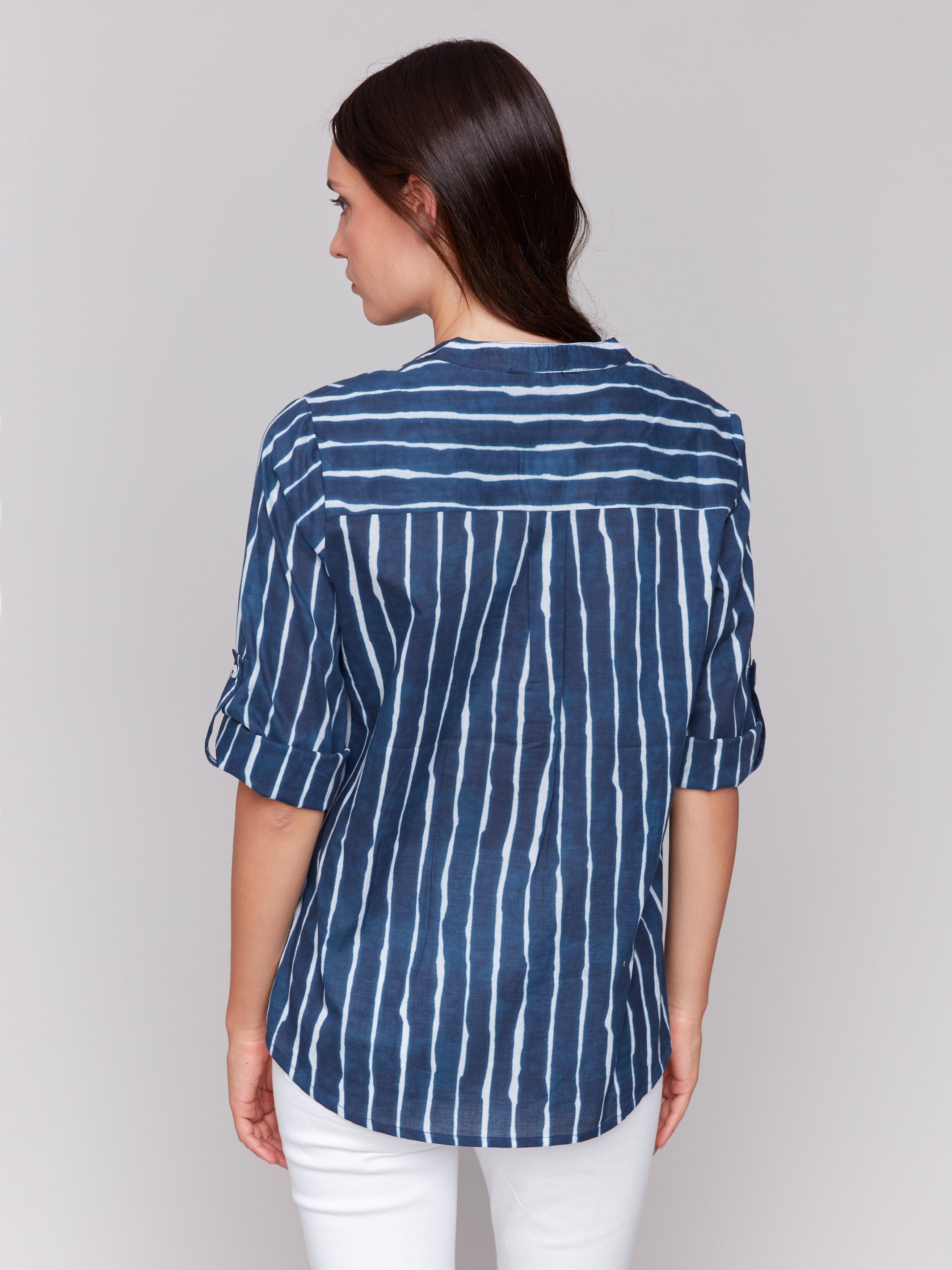 Stylish blouse with 3/4 roll-up sleeves in striped pattern by Charlie B.