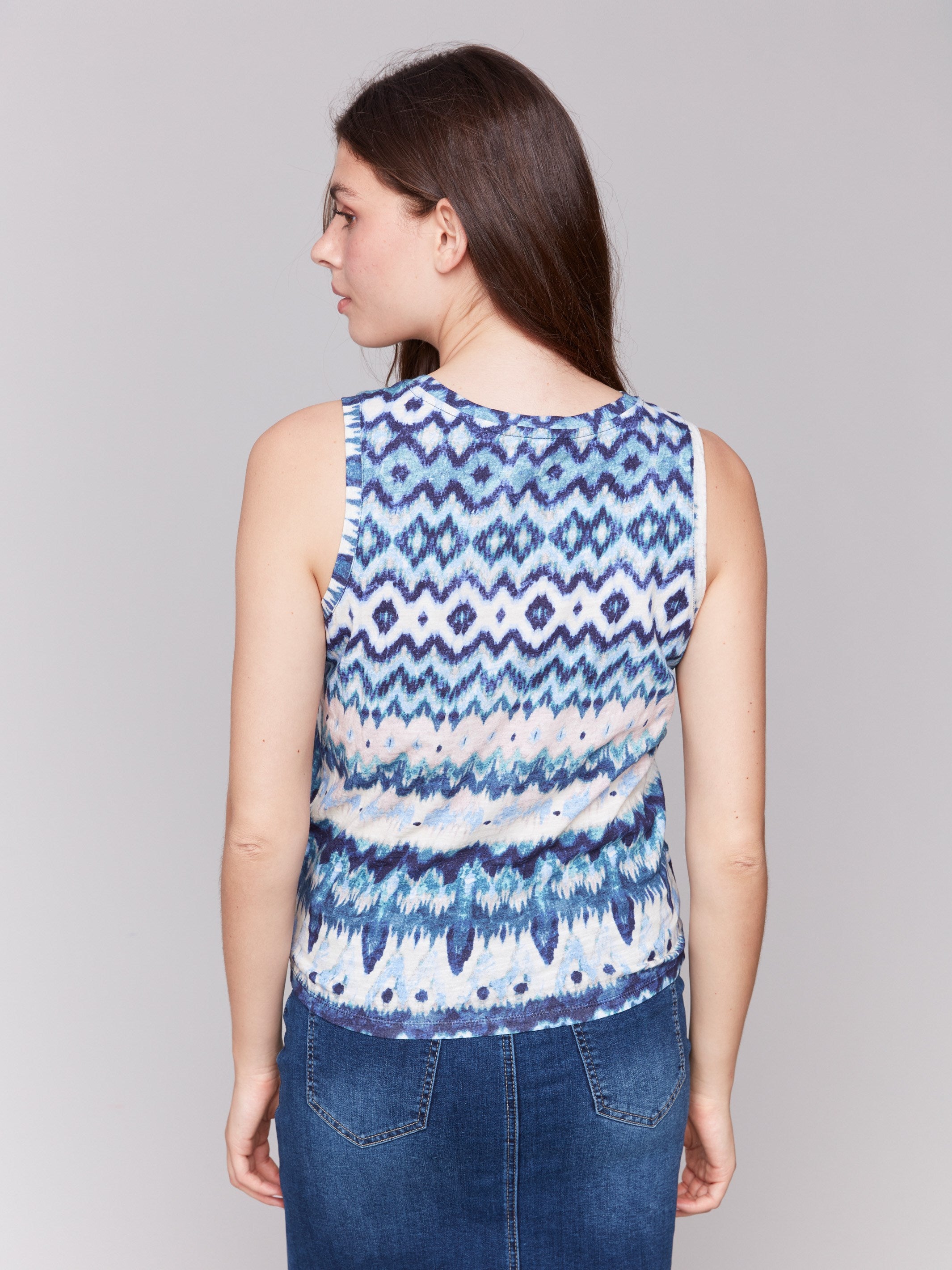 Abstract pattern blue and white tank top with crew neckline by Charlie B.