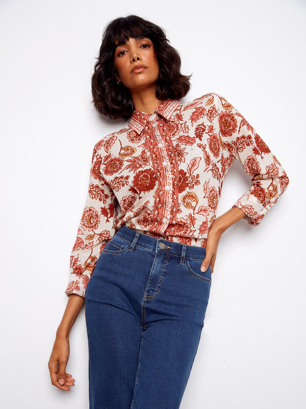 Versatile floral blouse crafted from soft cotton with a classic shirt collar for an elegant look by Charlie B.