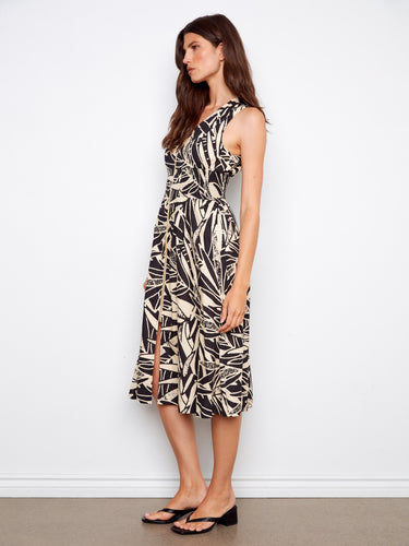 Fashionable sleeveless midi with front-zip detail and intricate abstract patterns by Charlie B.
