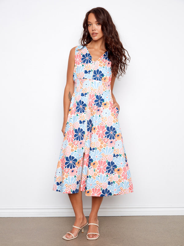 Printed Cotton Voile Front-Zip Midi Dress - Retro