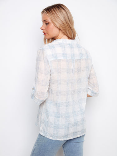 Elegant plaid top with adjustable roll-up sleeves for versatile styling by Charlie B.