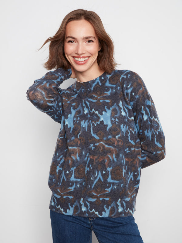 Printed Crew Neck Sweater With Sleeve Zippers - Nocturne
