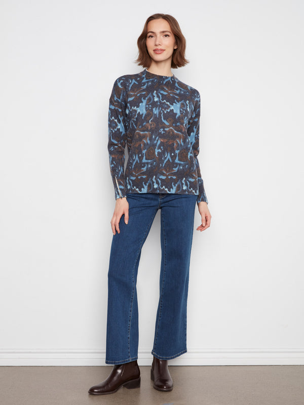 Printed Crew Neck Sweater With Sleeve Zippers - Nocturne