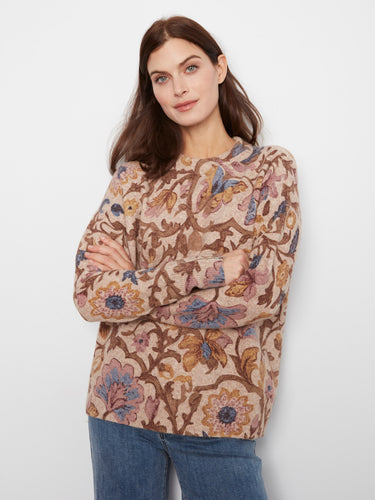 Beige sweater with floral print, featuring a crew neckline and drop shoulder design for a relaxed fit by Charlie B.