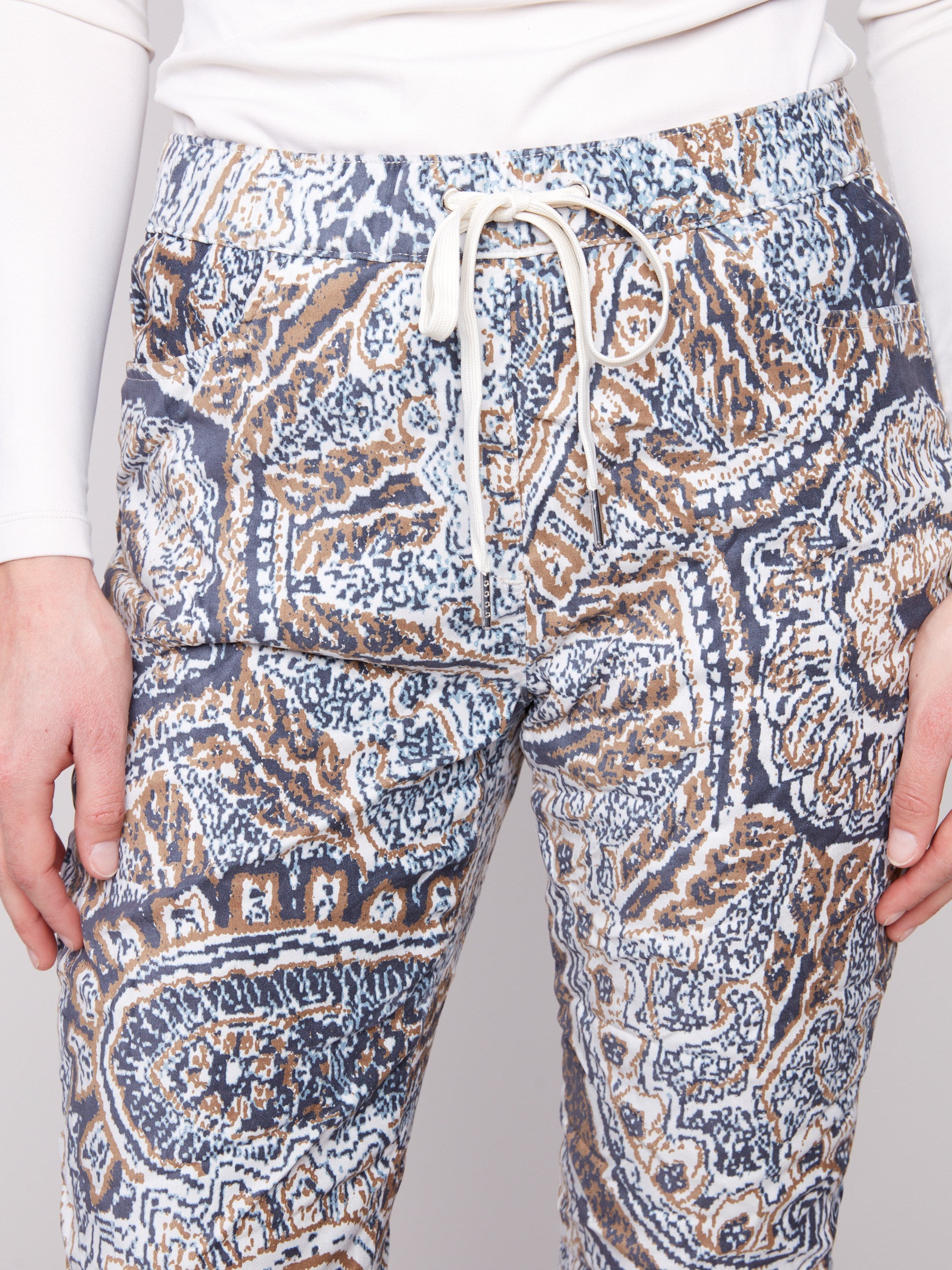 Crinkle effect adds texture to these bohemian print jogger pants, making them a unique wardrobe staple by Charlie B.