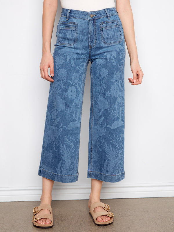 Printed Cropped Patch Pocket Flare Jeans - Flowers