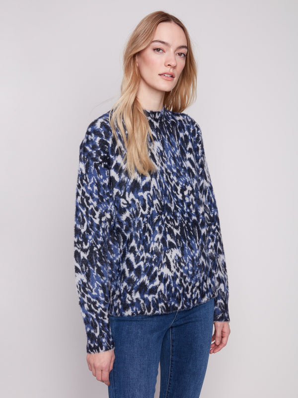 Printed Eyelash Mock Neck Sweater - Panther