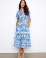 Blue and white printed eyelet cotton dress with hidden pockets, featuring a stylish belt by Charlie B.