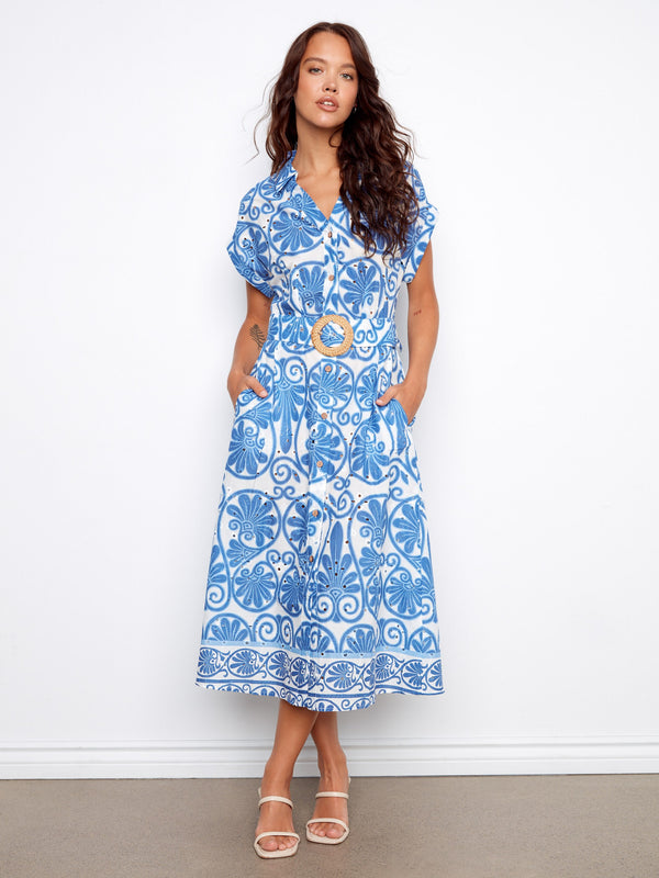 Printed Eyelet Cotton Dress With Belt - Astral