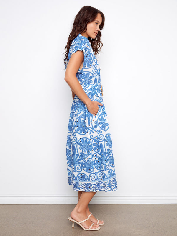 Printed Eyelet Cotton Dress With Belt - Astral