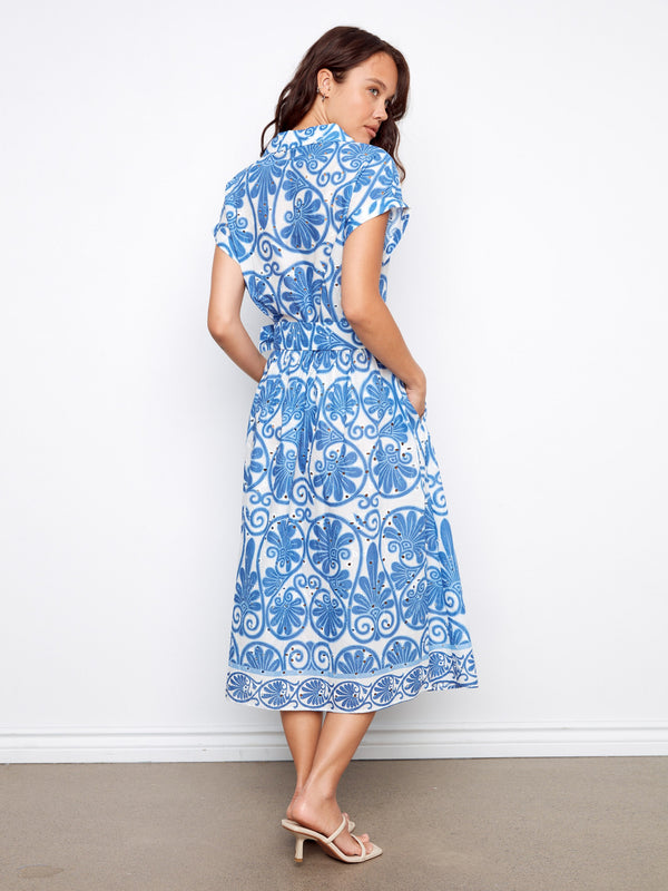 Printed Eyelet Cotton Dress With Belt - Astral