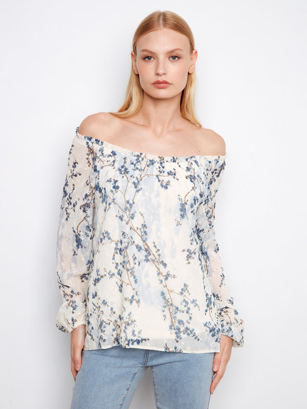 Blouse imprimée en broderie anglaise à épaules dénudées - Fleurie