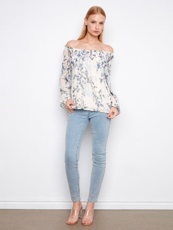 Blouse imprimée en broderie anglaise à épaules dénudées - Fleurie