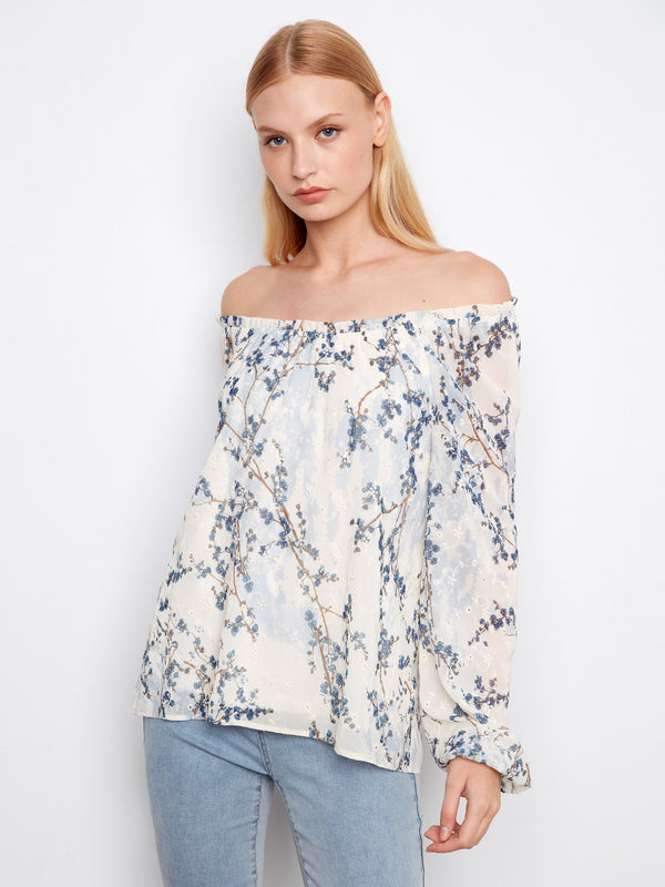 Blouse imprimée en broderie anglaise à épaules dénudées - Fleurie