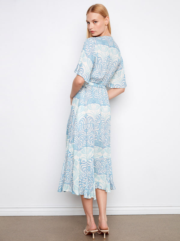 Maxi length faux wrap design in a stunning print, offering both style and comfort by Charlie B.