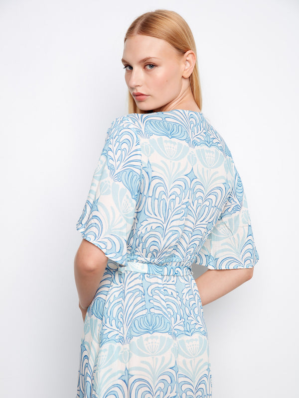 Sophisticated printed dress with flutter sleeves and an adjustable self-tie belt for a custom fit by Charlie B.