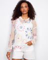 Vibrant fishnet crochet top with floral patterns, perfect for casual outings. Style it effortlessly with your favorite shorts. By Charlie B.