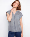 Navy gingham blouse featuring a V-neck with stand collar, button-up design, and chest pockets by Charlie B.