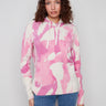 Pink abstract printed hoodie sweater featuring a hood with drawstrings, adding style and function by Charlie B.