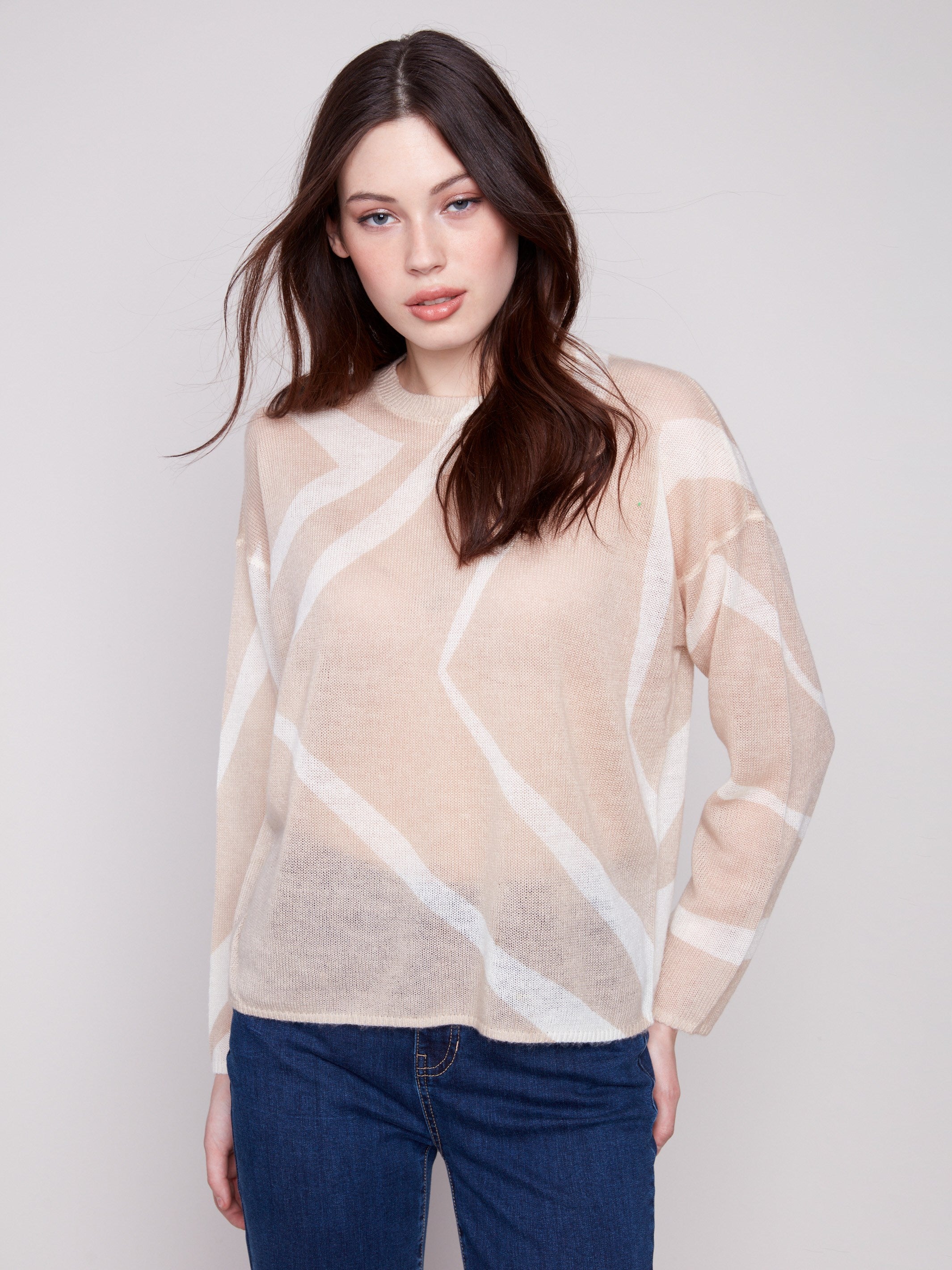 Mohair-like sweater in Sesame/Ecru with semi-sheer knit, showcasing a geometric pattern and long sleeves by Charlie B.