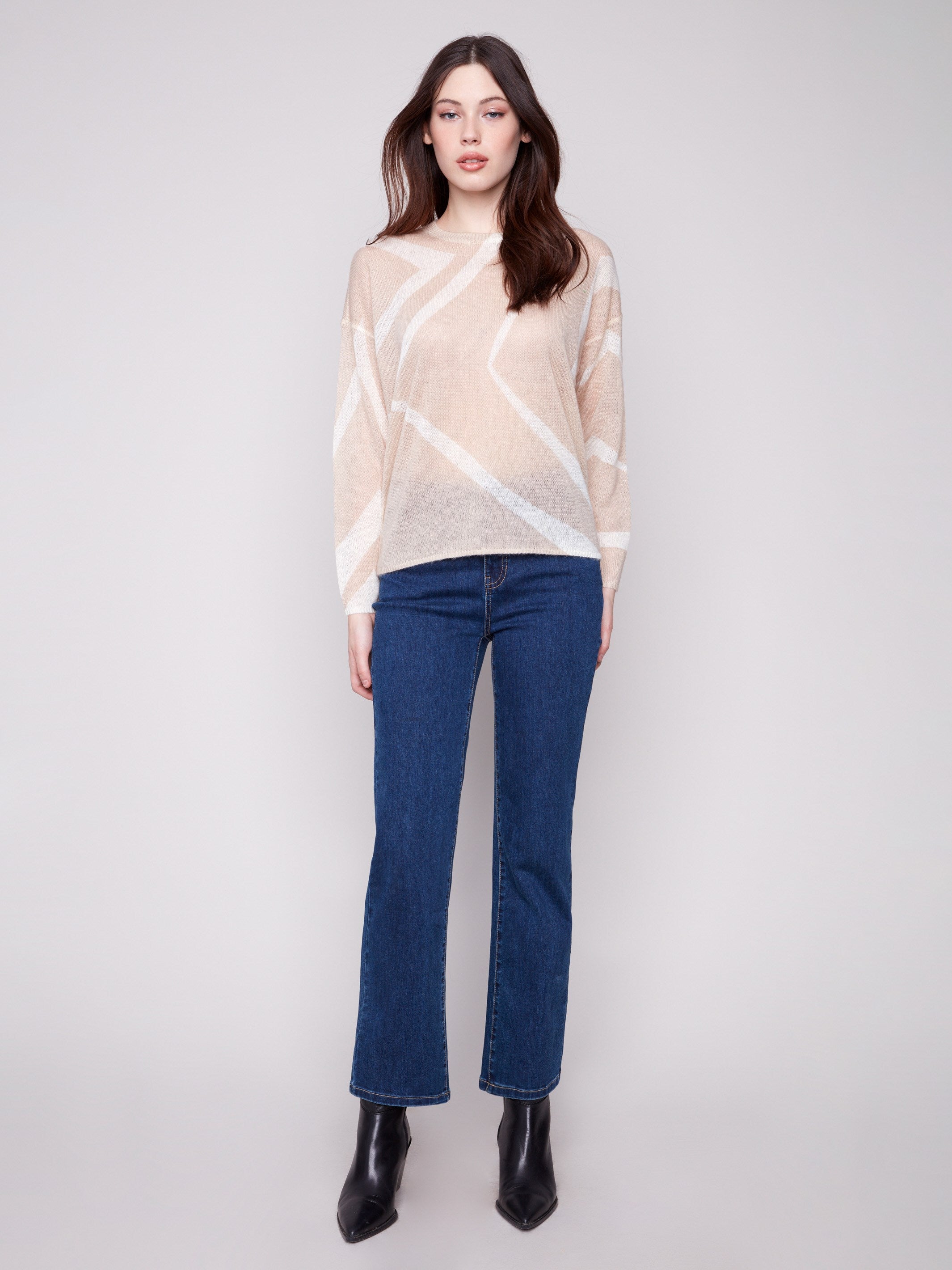 Elegant mohair-like sweater in Sesame/Ecru featuring drop shoulders and a geometric design for stylish comfort by Charlie B.